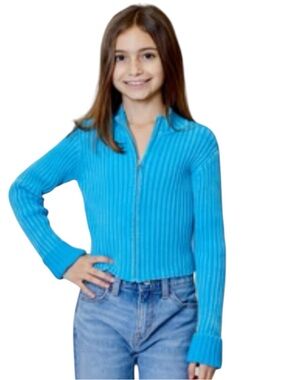 NWT Design History Girls' Turquoise Full Zip Ribbed Cotton Sweater Spring Summer